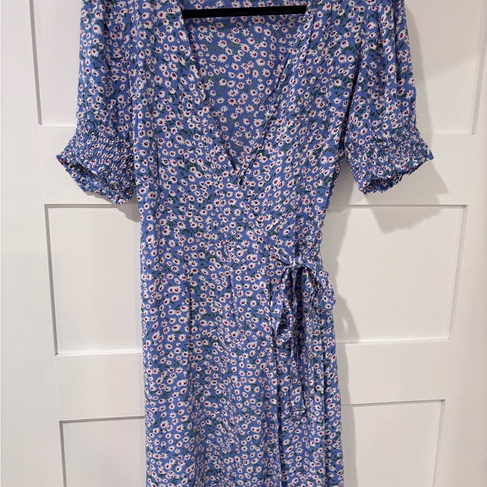 Blue Floral Wrap Dress with Puff Sleeves